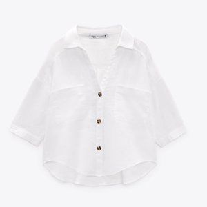 Zara White Short Sleeve Linen Shirt